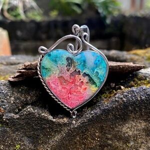 Dyed Lace Agate Heart Pendant: Wire Wrapped Gemstone Necklace
